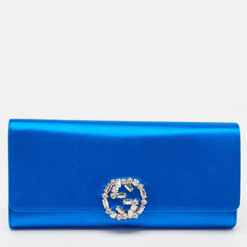 Royal Blue Satin GG Crystals Broadway Clutch