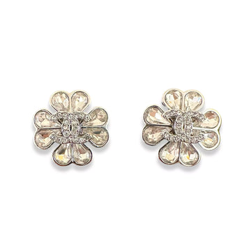 CHANEL SILVER CC CRYSTAL FLOWER EARRINGS