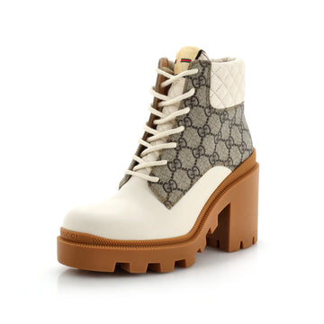 Women's Lace Up Heeled Ankle Boots EC Coated Canvas with Quilted Leather
