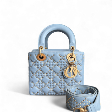 Dior Lady Small Flap - Cannage Calfskin Studded Blue Gold Hardware
