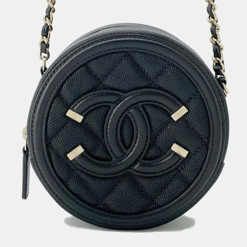 Black Leather CC Filigree Round Chain Shoulder Bag