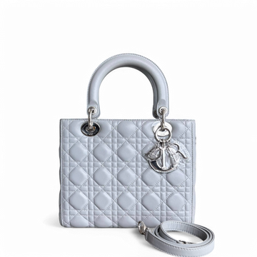 Dior Lady Medium - Cannage Lambskin Grey Gray Silver Hardware