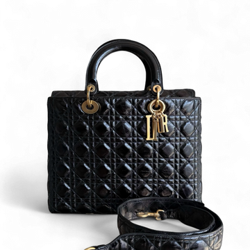 Dior Lady Large Flap - Canange Glazed Calfskin Black Gold Hardware