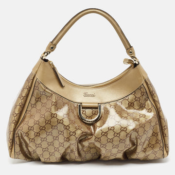 Beige/Gold GG Crystal Canvas Large D Ring Hobo