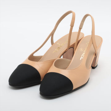 Chanel Coco Leather X Fabric Strap Pump EU37  Beige X Black G31318 Box Bag