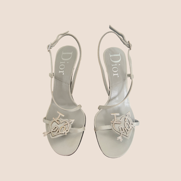 CHRISTIAN DIOR GREY SATIN "I LOVE DIOR" STRAP HEELS