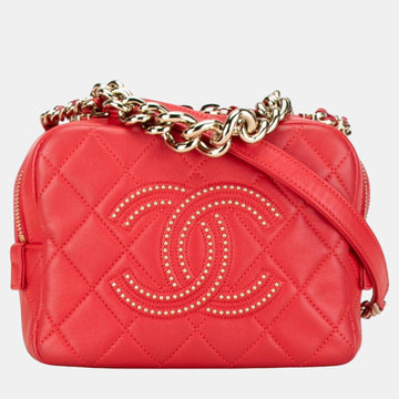 Red Lambskin Quilted Studded Beauty Begins Shoulder Bag