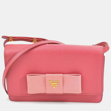 Pink Leather Saffiano Lux Bow Wallet On Chain