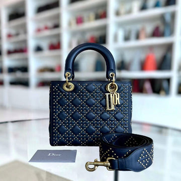 *Flap Version* Lady Medium Studded Calfskin Dark Blue Golden Hardware