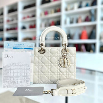 *Full Set, Receipt, ABC Strap* Lady Small Cannage Lambskin Cream White Light Golden Hardware ABC Strap MyABC