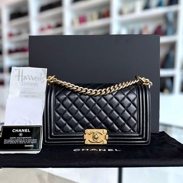 *Full set, Receipt* Boy Old Medium 25CM Lambskin Quilted Lambskin Black GHW No 22