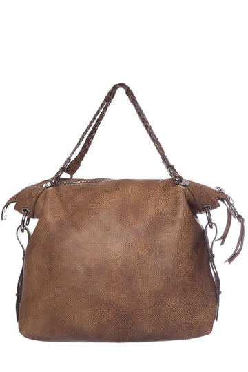 G*G Tassel Pebbled Bamboo Bar Large Tan Leather Tote