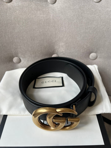 Gucci EC Marmont Black Leather Belt with Gold Buckle