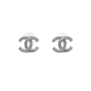 Chanel CC Logo Crystal Earring Sliver Tone