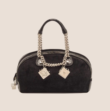 CHRISTIAN DIOR 2004 PYTHON TRIMMED BLACK SUEDE GAMBLER DICE BOWLER BAG