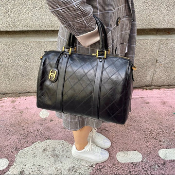 CHANEL Duffle Flat Quilt Boston Vintage Black Lambskin