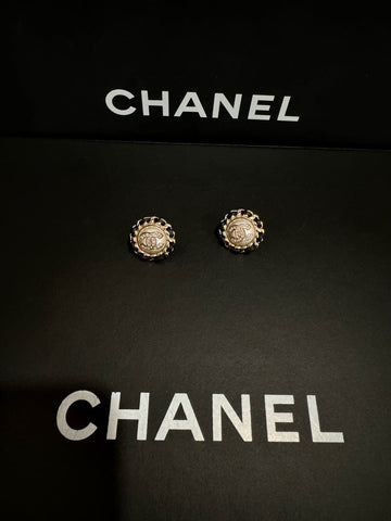 Chanel Sunflower CC Pearl Gold Chain Leather Earrings 21k