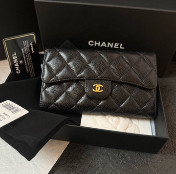 Chanel Caviar Long Wallet Black Quilted Wallet Full Set with Card #22