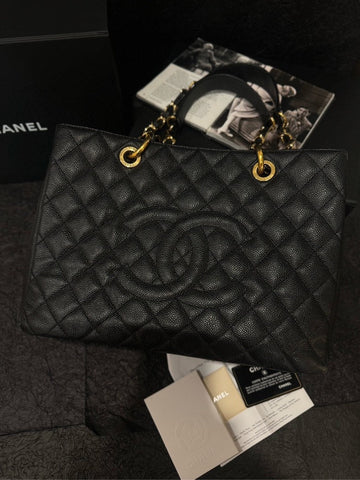 Chanel Black Gold Caviar GST Medium Size Shoulder Bag with Card