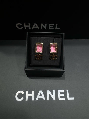Chanel Pink Square Sugar CC Drop Earrings 22k Full Set