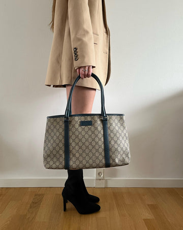 Gucci EC Supreme Tote Beige and Green/Blue leather straps