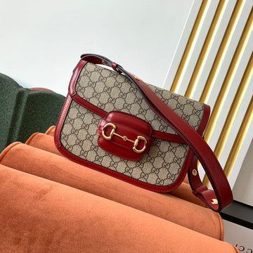 EC 1955 Horsebit Bag 25cm Red Leather Beige Canvas Gold Hardware