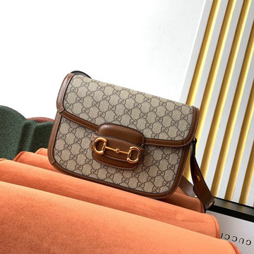 EC 1955 Horsebit Bag 25cm Brown Leather Beige Canvas Gold Hardware