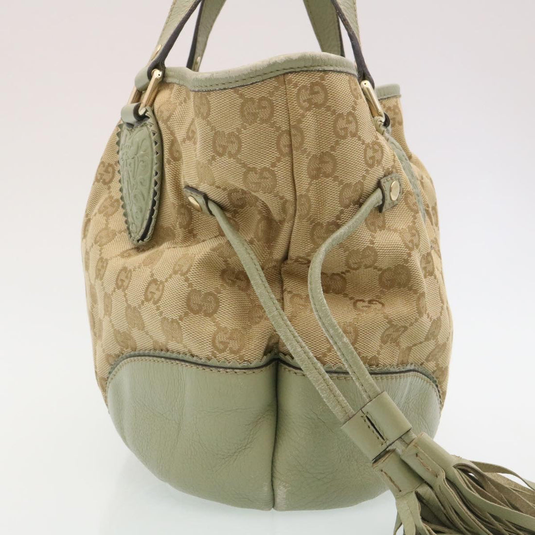 GUCCI EC Canvas Tote Bag Fringe Beige Green  yk3822