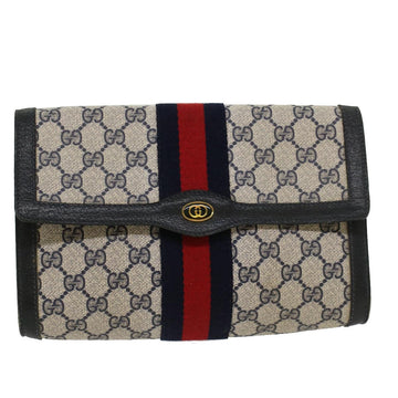 GUCCI EC Canvas Sherry Line Clutch Bag PVC Leather Gray Red Navy