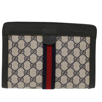 GUCCI EC Canvas Sherry Line Clutch Bag Gray Red Navy